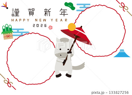2026年賀　傘回し白馬 年賀状　2つの丸背景白のフォトフレーム 133827256