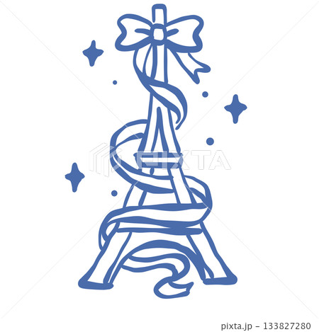 Eiffel tower ribbon bow line art paris new year celebration cute parisian aesthetic doodle illustration minimalist festive clipart design 133827280