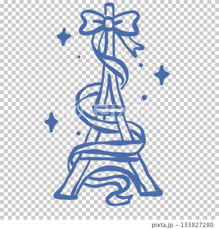 Eiffel tower ribbon bow line art paris new year celebration cute parisian aesthetic doodle illustration minimalist festive clipart design 133827280