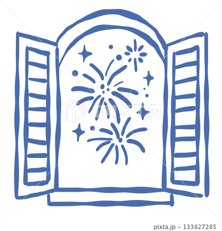 Fireworks through an open Paris window glowing night sky sparkling celebration welcoming the new year with wonder and cozy magic Fireworks through an open Paris window glowing night sky sparkling celebration welcoming the new year with wonder and cozy magic 133827285