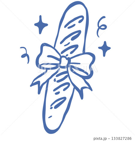 French baguette tied with a cute ribbon filled with cozy parisian charm perfect for new year bakery lovers and whimsical festive illustration 133827286