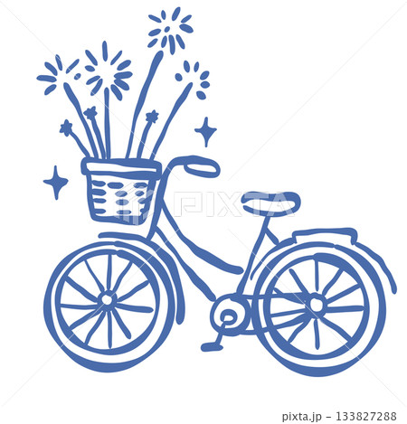 Paris bicycle with sparkler bouquet in basket New Year celebration line art whimsical Parisian festive bike illustration aesthetic doodle 133827288