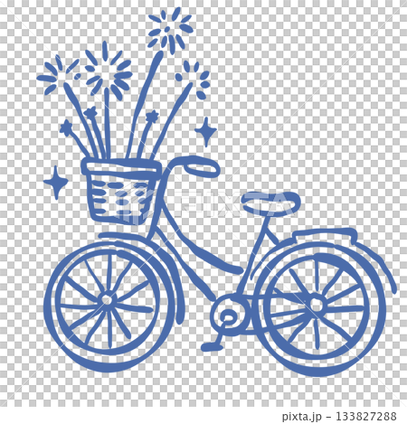 Paris bicycle with sparkler bouquet in basket New Year celebration line art whimsical Parisian festive bike illustration aesthetic doodle 133827288