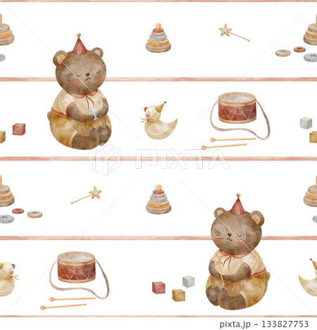 Pattern teddy bear with vintage toys, drum, cubes, pyramid on red stripes. Hand-drawn watercolor illustration in children's style. Print isolated from background for design textiles clothing wallpaper Pattern teddy bear with vintage toys, drum, cubes, pyramid on red stripes. Hand-drawn watercolor illustration in children's style. Print isolated from background for design textiles clothing wallpaper 133827753
