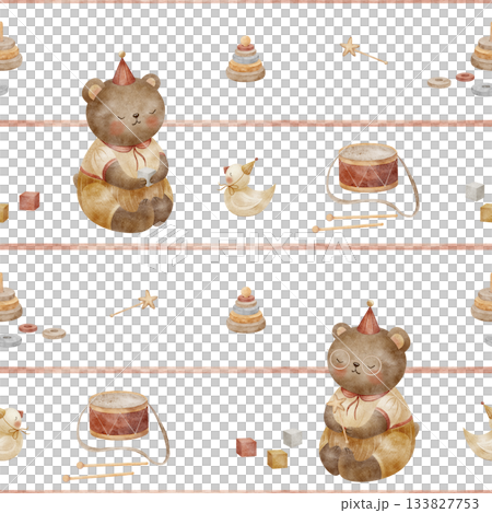 Pattern teddy bear with vintage toys, drum, cubes, pyramid on red stripes. Hand-drawn watercolor illustration in children's style. Print isolated from background for design textiles clothing wallpaper Pattern teddy bear with vintage toys, drum, cubes, pyramid on red stripes. Hand-drawn watercolor illustration in children's style. Print isolated from background for design textiles clothing wallpaper 133827753