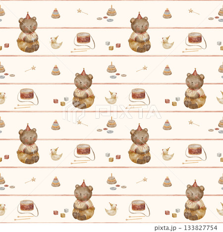 Pattern teddy bear with vintage toys, drum, cubes, pyramid. Hand-drawn watercolor illustration in children's style. Print on red stripes, beige background for design textiles fabric clothing wallpaper Pattern teddy bear with vintage toys, drum, cubes, pyramid. Hand-drawn watercolor illustration in children's style. Print on red stripes, beige background for design textiles fabric clothing wallpaper 133827754