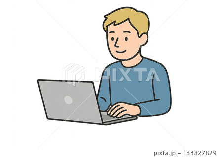 ノートパソコンで作業する人物・男性のイラスト（透明背景・プレゼン資料向け） 133827829
