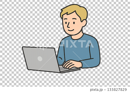 ノートパソコンで作業する人物・男性のイラスト（透明背景・プレゼン資料向け） 133827829