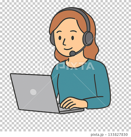一位女士在筆記型電腦上工作的插圖（透明背景，用於演示材料） 133827830