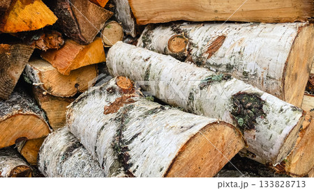 Detailed close-up of stacked birch firewood logs, showing white bark and rough textured wood ends Detailed close-up of stacked birch firewood logs, showing white bark and rough textured wood ends 133828713