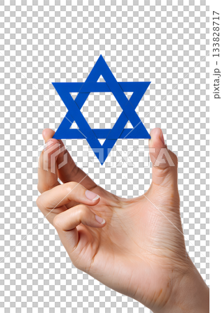 Hand gently holding blue star of david (magen david), symbol of judaism, faith, jewish identity isolated on transparent background 133828717