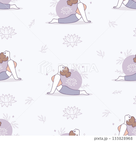 Cute Girl Yoga Seamless Pattern. Woman Athlete Doing Pilates, Stretching the Back on Light background with Lotus. Hand-Drawn Doodle in pastel colors. Vector Illustration. Not AI 133828968