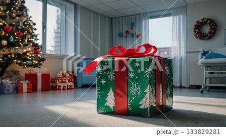 A festively wrapped Christmas gift box on the floor of a children's hospital or medical office. The concept of charity, holiday support, pediatric care, and a festive atmosphere in medical facilities. A festively wrapped Christmas gift box on the floor of a children's hospital or medical office. The concept of charity, holiday support, pediatric care, and a festive atmosphere in medical facilities. 133829281
