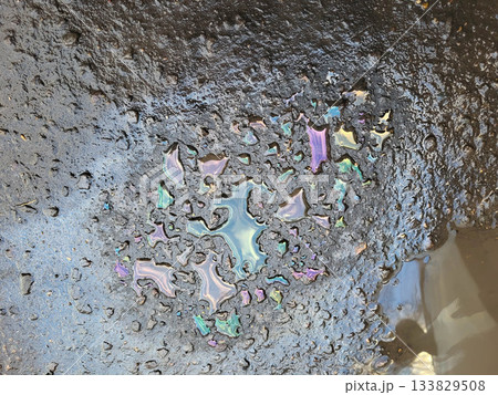 Large bright colorful gasoline stains on wet asphalt, top view 133829508