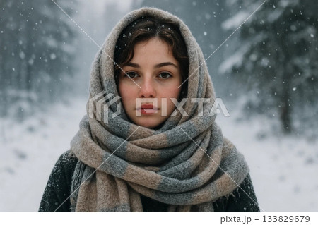 Young Woman Portrait in Scarf on Winter Background 133829679