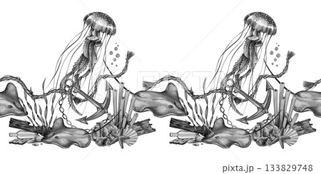 Jellyfish Anchor Underwater Border 133829748