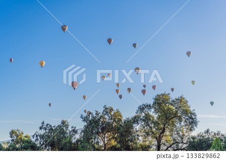 Colorful hot air balloons floating over Teotihuacan in Mexico, creating a breathtaking view of the ancient pyramids. Tourism, adventure, and cultural heritage concept Colorful hot air balloons floating over Teotihuacan in Mexico, creating a breathtaking view of the ancient pyramids. Tourism, adventure, and cultural heritage concept 133829862
