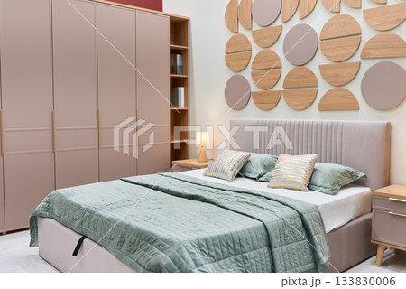 Tranquil pastelthemed bedroom showcasing sophisticated design elements and inviting textures Tranquil pastelthemed bedroom showcasing sophisticated design elements and inviting textures 133830006