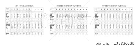 Men measurement chart centimeters inches fractions decimals chest waist hips shoulder sleeve height S M L XL tailoring  133830339