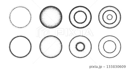 Set of round frames with grainy texture. Circular shapes with noise, sand or dust borders isolated on white background. Decorative design elements with mezzotint effect. Vector graphic illustration 133830609