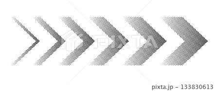 Set of black chevron shaped arrow symbols with halftone, noise or grainy texture isolated on white background. Dotted motion, direction or download signs. Vector graphic illustration Set of black chevron shaped arrow symbols with halftone, noise or grainy texture isolated on white background. Dotted motion, direction or download signs. Vector graphic illustration 133830613