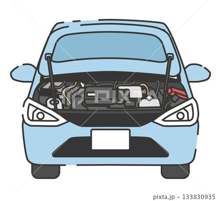ボンネットを開けた車とエンジンルームのイラスト 133830935