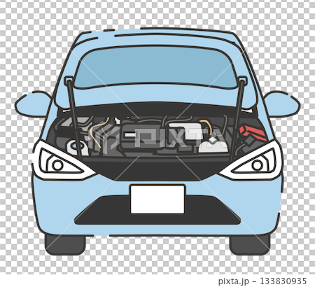 Illustration of a car with the hood open and the engine compartment 133830935