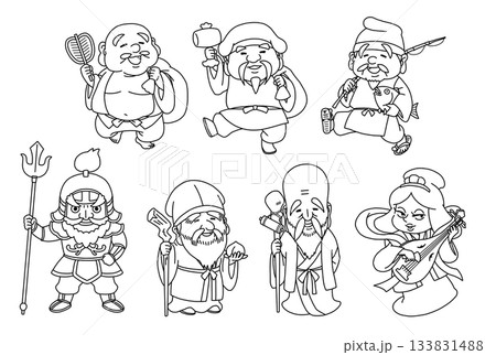 かわいい七福神の線画イラストセット 133831488