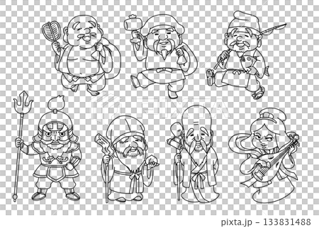 かわいい七福神の線画イラストセット 133831488