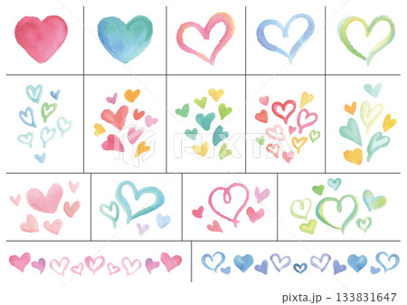 水彩手描きの色々なハートのあしらい16点セット 133831647