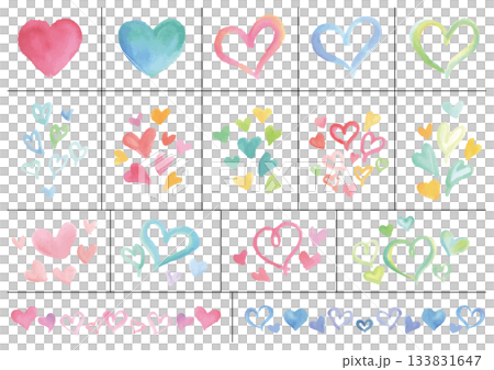 水彩手描きの色々なハートのあしらい16点セット 133831647