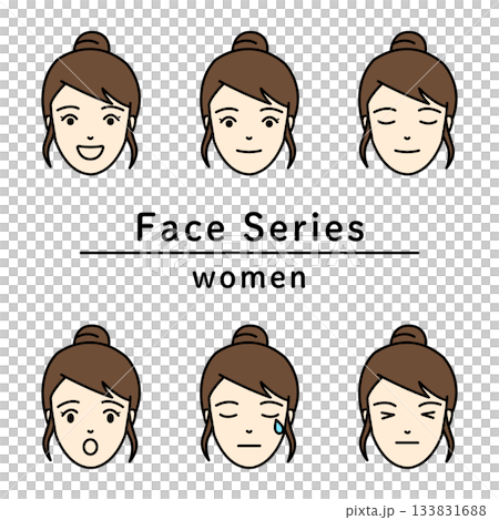一組年輕女性面部表情圖標，表達各種情緒 133831688
