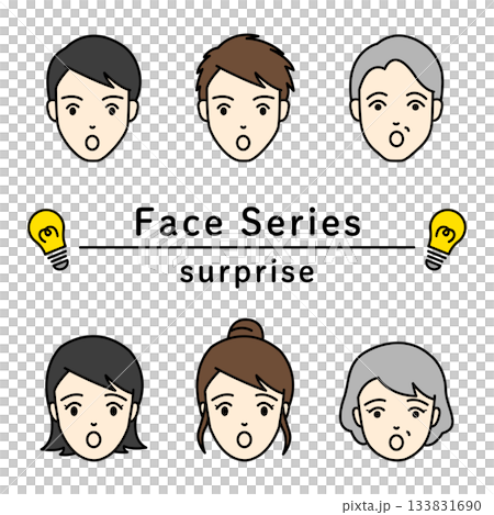 A set of facial icons of men and women of all ages showing expressions of surprise and discovery A set of facial icons of men and women of all ages showing expressions of surprise and discovery 133831690