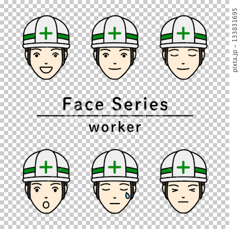 A set of face icons of various emotions of workers wearing helmets 133831695