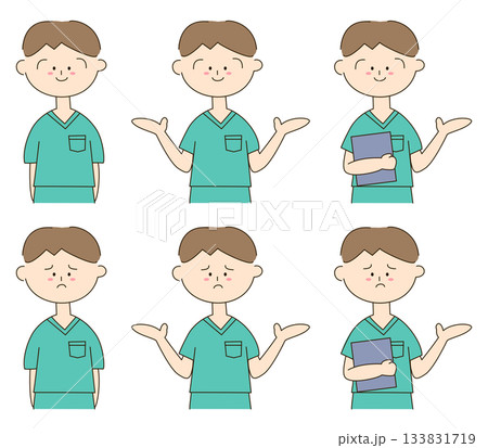 グリーンのスクラブを着た男性の可愛い手書きイラストセット 133831719