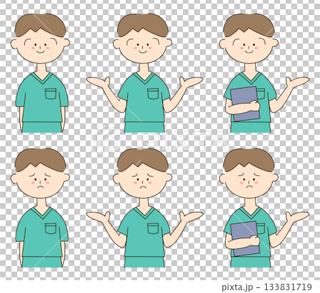 グリーンのスクラブを着た男性の可愛い手書きイラストセット 133831719