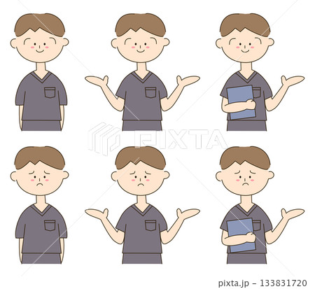 グレーのスクラブを着た男性の可愛い手書きイラストセット グレーのスクラブを着た男性の可愛い手書きイラストセット 133831720