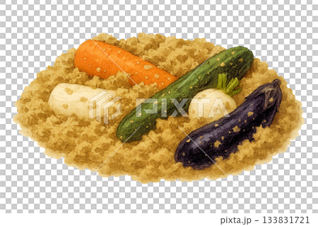 水彩插圖，描繪了埋在米糠（發酵食品，透明背景）中的蔬菜。 133831721