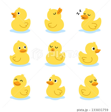 Set of yellow rubber ducks. Cute vector bath toy illustrations for prints and kids projects. 133831759
