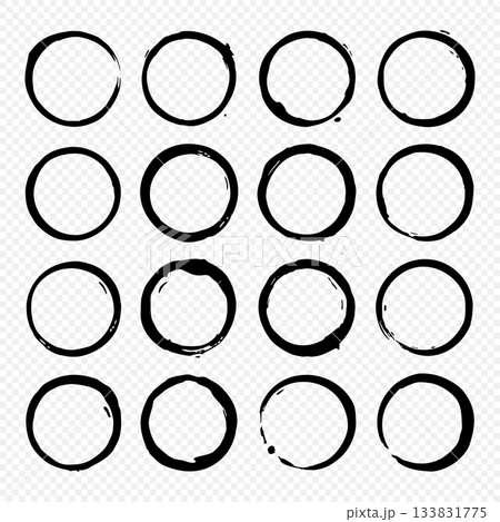 Set of 16 black grunge coffee cup stains isolated on transparent background. Vector circular drink ring marks for design and decoration Set of 16 black grunge coffee cup stains isolated on transparent background. Vector circular drink ring marks for design and decoration 133831775