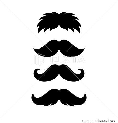 Set of four playful moustache silhouettes. Retro mustaches for hipster design, vintage barbershop logos, photo booth props and fashion graphics. Set of four playful moustache silhouettes. Retro mustaches for hipster design, vintage barbershop logos, photo booth props and fashion graphics. 133831785