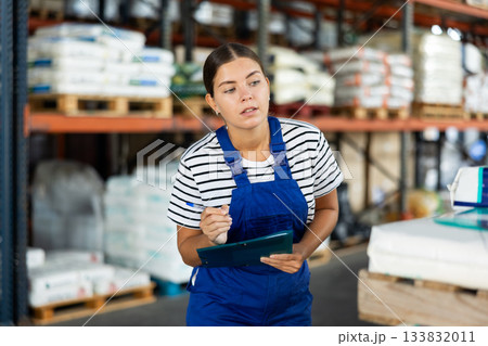 In warehouse of store, girl checks quantity of goods and receipt documents for products 133832011