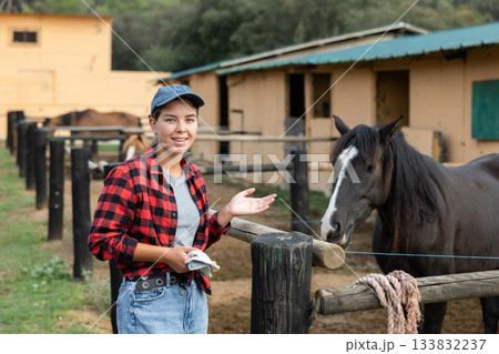 Female stable worker stands near wooden fence of paddock and watches horse. 133832237