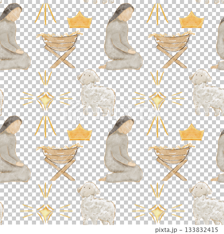 Kneeling Mary beside a manger, crown, lamb and a glowing golden star. Hand-painted watercolor nativity seamless pattern isolated on white, scene ideal for Christmas cards, devotionals, holiday designs Kneeling Mary beside a manger, crown, lamb and a glowing golden star. Hand-painted watercolor nativity seamless pattern isolated on white, scene ideal for Christmas cards, devotionals, holiday designs 133832415