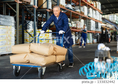 In warehouse rack area of store, loader mature man pushes and carries large cart for bulky cargo In warehouse rack area of store, loader mature man pushes and carries large cart for bulky cargo 133832442
