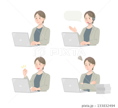 PC作業をするビジネスウーマンのイラストセット 133832494