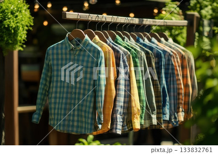 A rack of shirts hanging outside with a variety of colors and patterns A rack of shirts hanging outside with a variety of colors and patterns 133832761