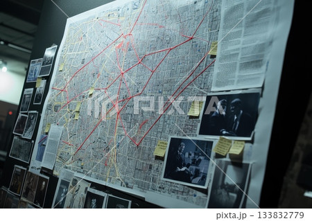 Dimly Lit Crime Investigation Board with Detailed Map and Photos Dimly Lit Crime Investigation Board with Detailed Map and Photos 133832779
