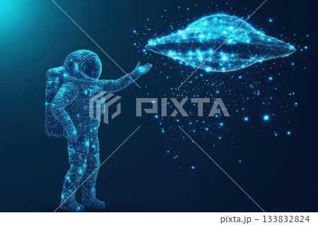 A man in a space suit is pointing at an alien shaped object in the sky 133832824