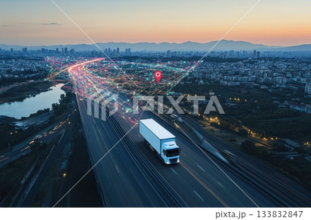 Futuristic White Box Truck Driving on Digital Highway at Sunset Futuristic White Box Truck Driving on Digital Highway at Sunset 133832847